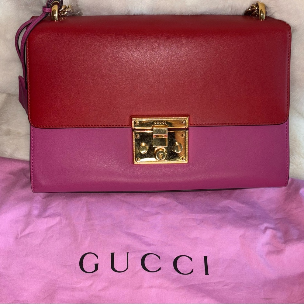 Large Gucci Pink & Red Leather Purse with Gold Lock/Key/Chain & COA